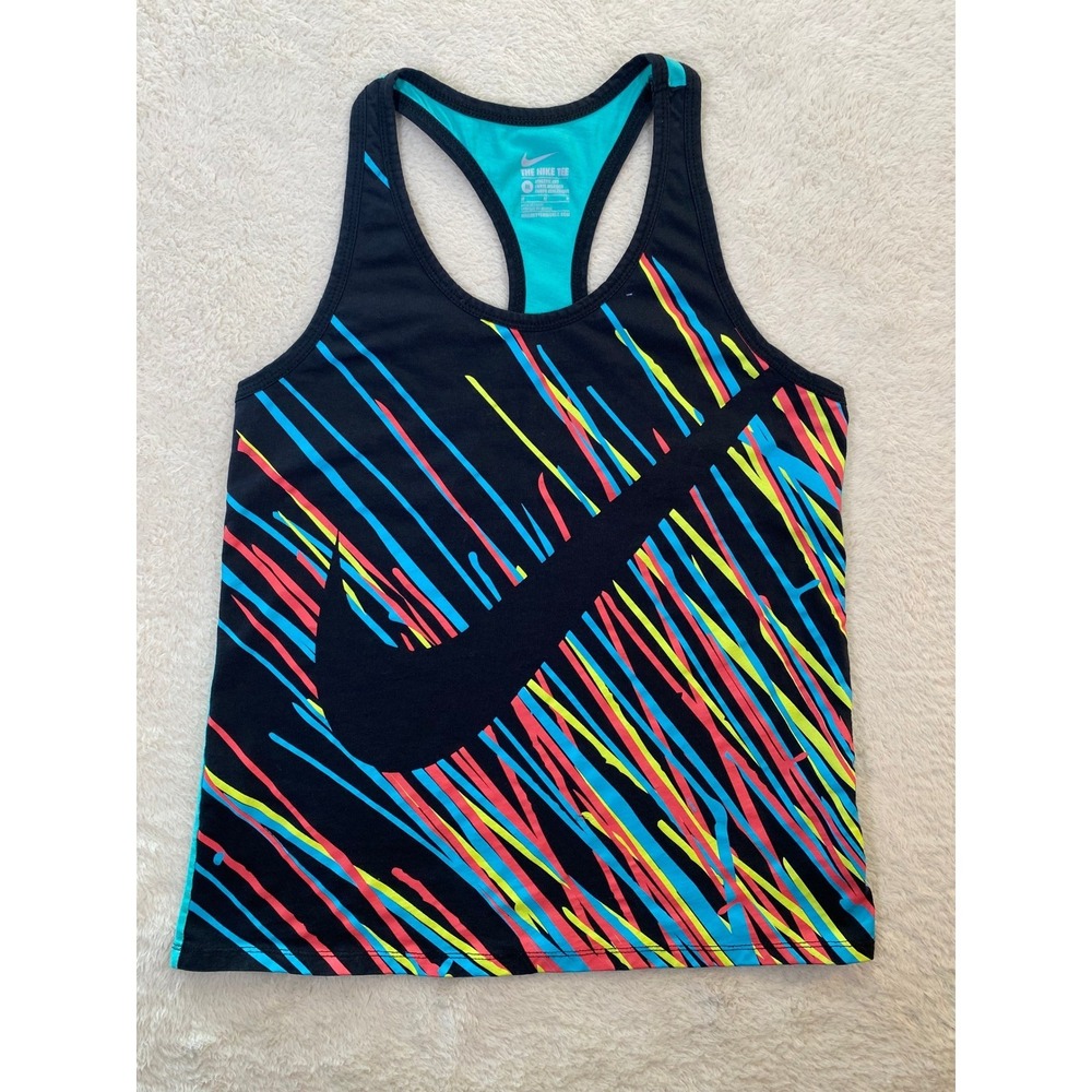 Nike Womens Racerback Tank Top Black Multicolor Swoosh Athletic Cut Medium